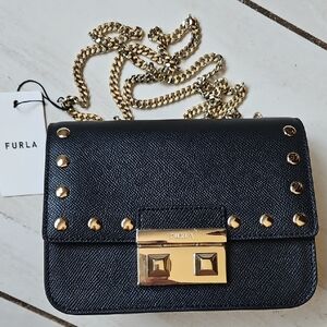 NWT Furla Mini Bella Black Leather Crossbody Bag Gold Studs Chain W/Dustbag 🖤💛
